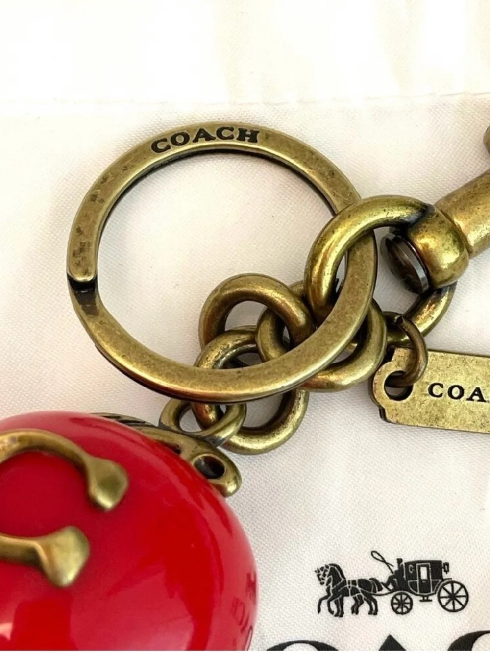 Coach Red Apple Charm Key Ring with Antique Gold Hardware! With Iconic C NWB!